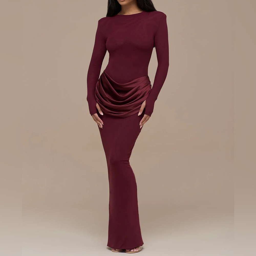 ASOS - Wanderdoll burgundy long sleeve Eman dress mesh maxi dress draped waist - Picture 4 of 14